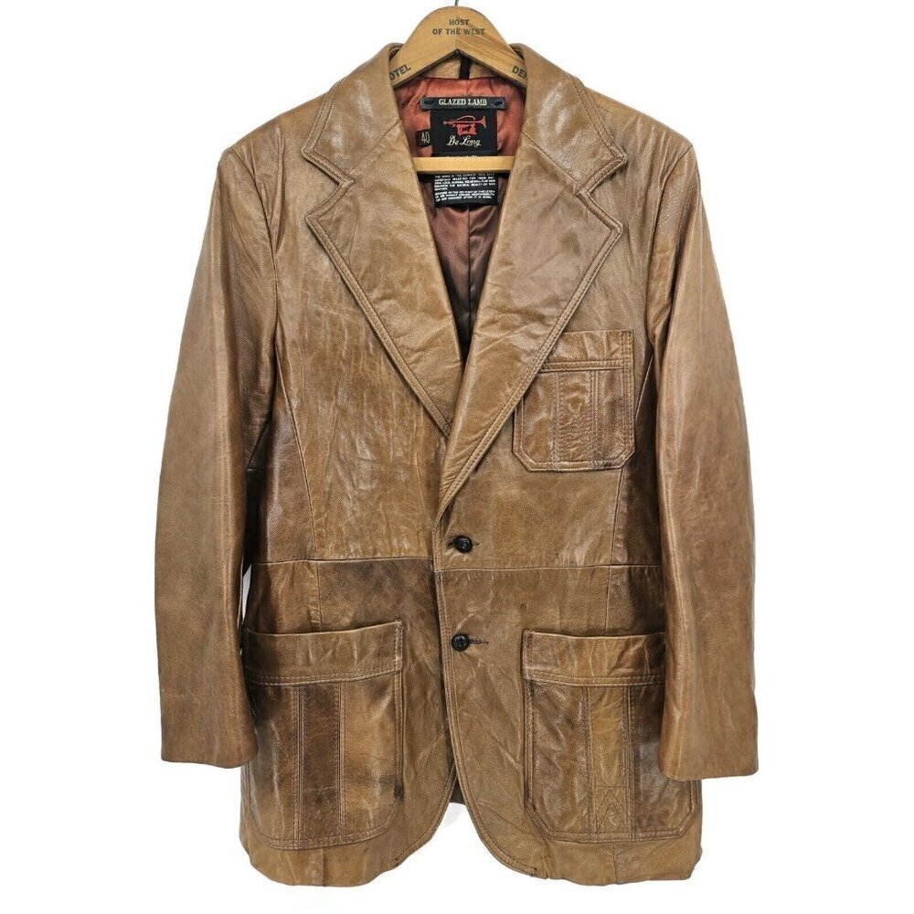 Vintage De Long Glazed Lamb Jacket Mens 40 Brown Lambskin Blazer
